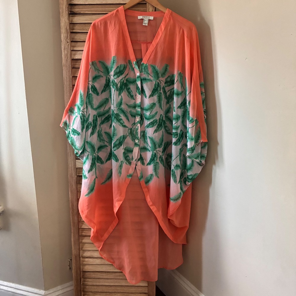 Forever 21 Beach Tropical Palm Print High Low Kimono Peach Green S Oversized